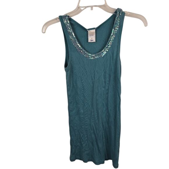 Old Navy Y2K Blue Perfect Fit Ribbed Tank 100 % Cotton Sequins Pullover Slim S - Picture 1 of 11